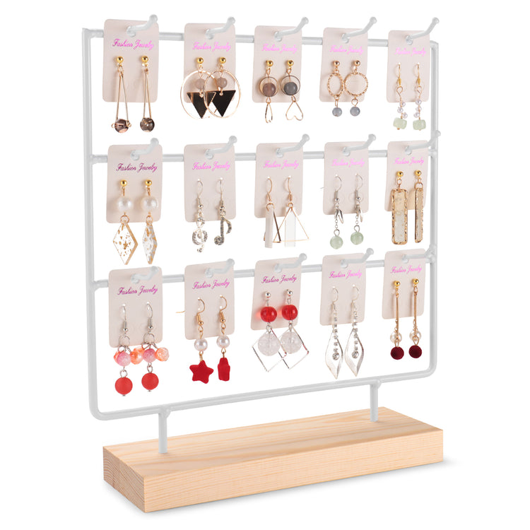 3-Tier Jewelry Display Stand with 15 Hooks & Wooden Base