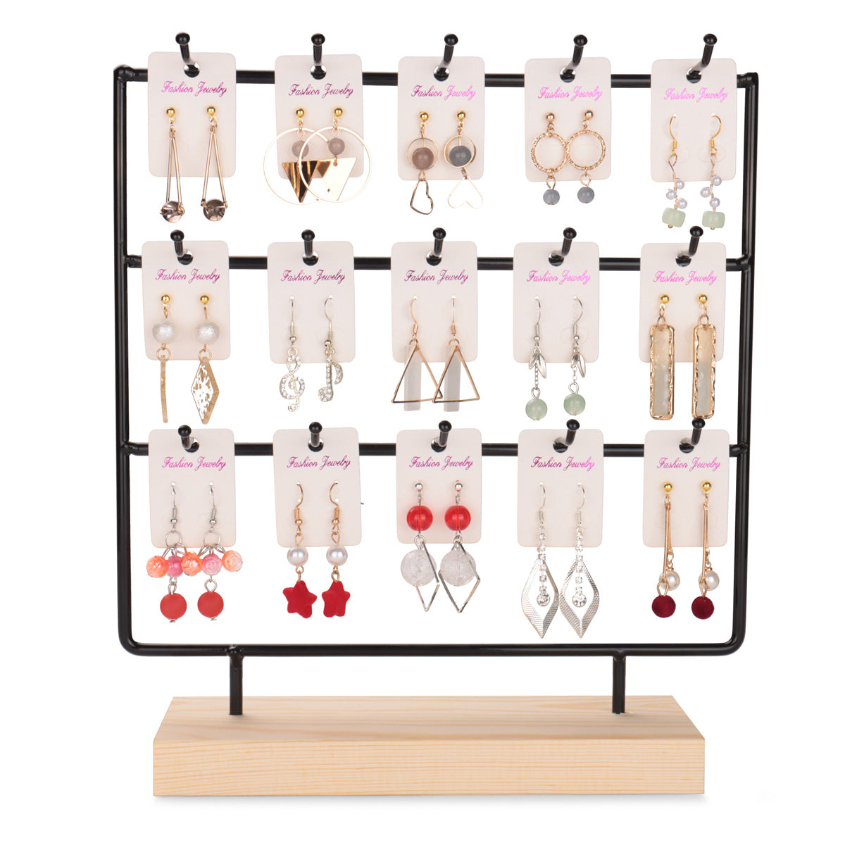 Earring Display Stands for Selling 3 Tier 15 Hooks Jewelry Display With Wooden Base