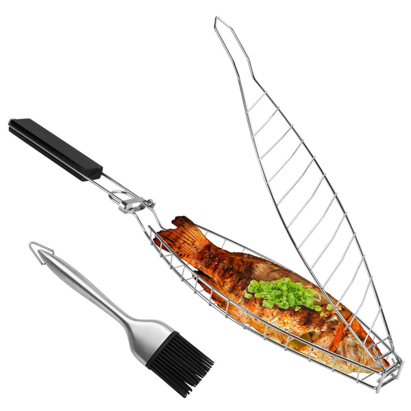 Large Stainless Steel Fish Grilling Basket with Removable Handle