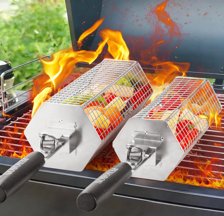 Hexagonal Rolling Grilling Basket Set, 2 PCS Stainless Steel BBQ Grill Baskets with Removable Wooden Handles