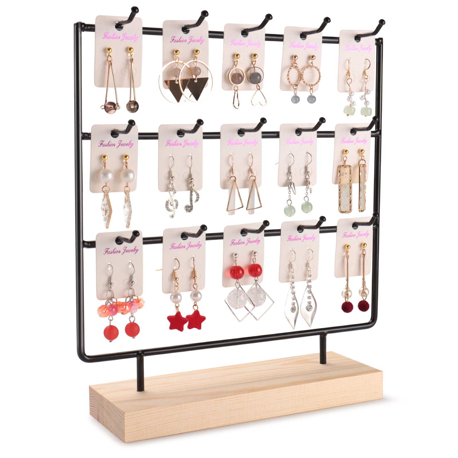 Earring Display Stands for Selling 3 Tier 15 Hooks Jewelry Display With Wooden Base