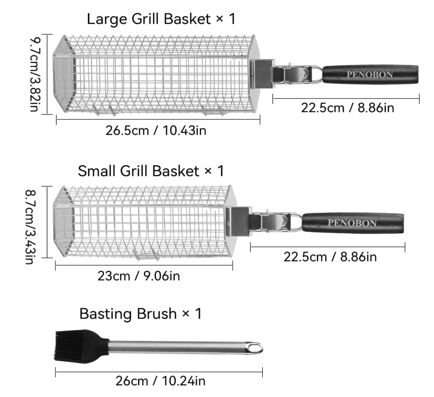 Hexagonal Rolling Grilling Basket Set, 2 PCS Stainless Steel BBQ Grill Baskets with Removable Wooden Handles