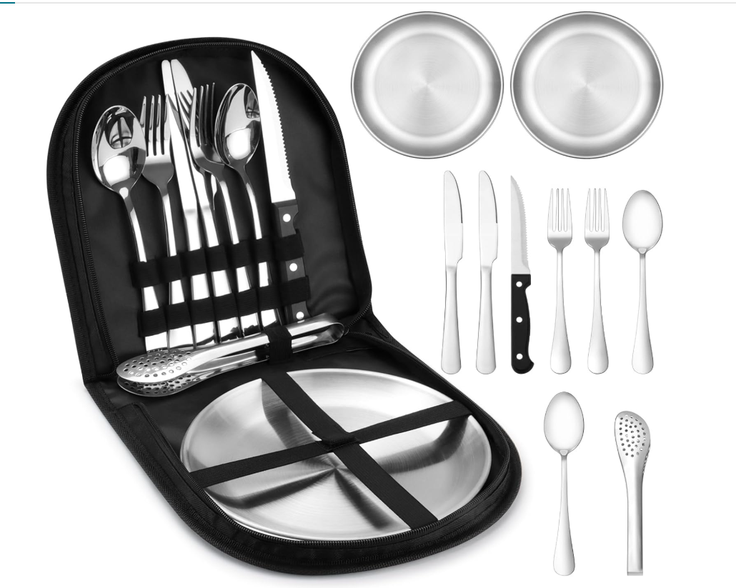 Camping Cutlery Set for 2 Person, 10pcs Stainless Steel Portable Picnic Utensils Set