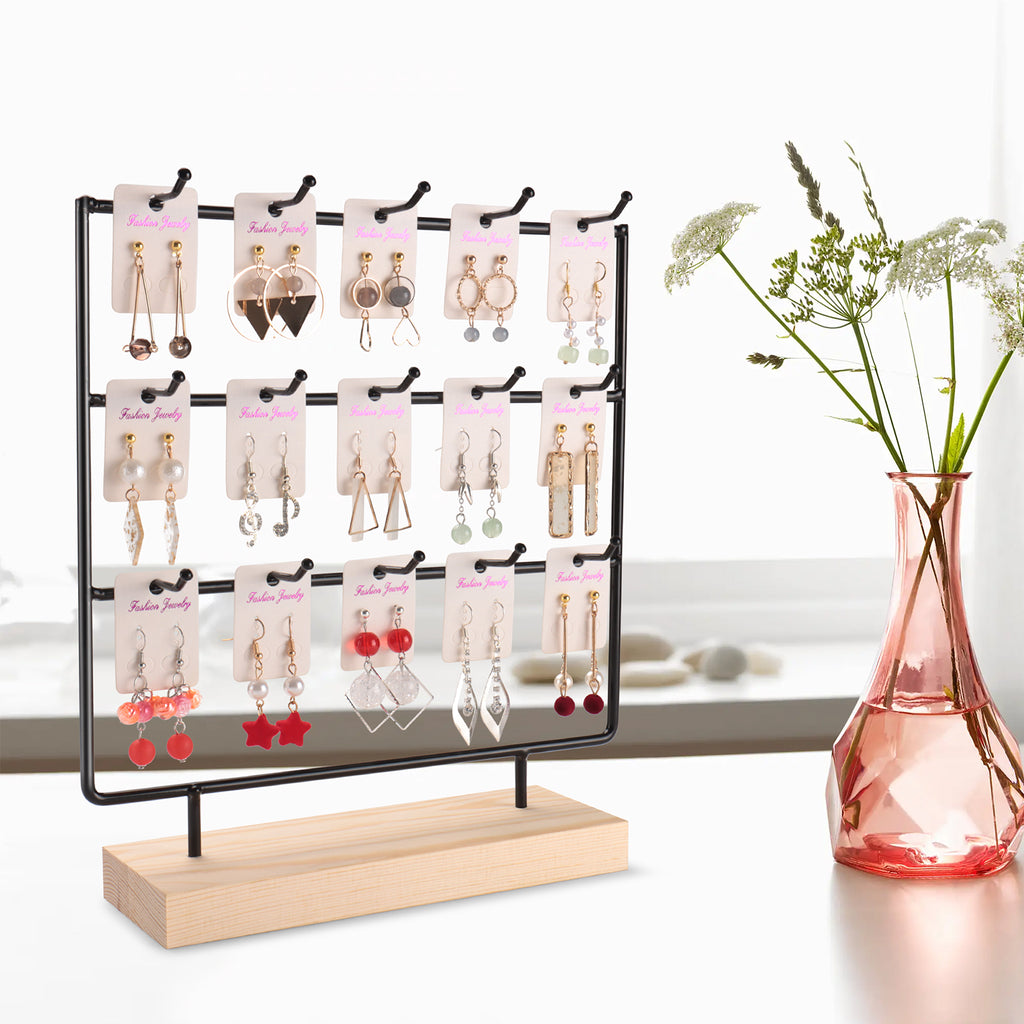 Earring Display Stands for Selling 3 Tier 15 Hooks Jewelry Display With Wooden Base