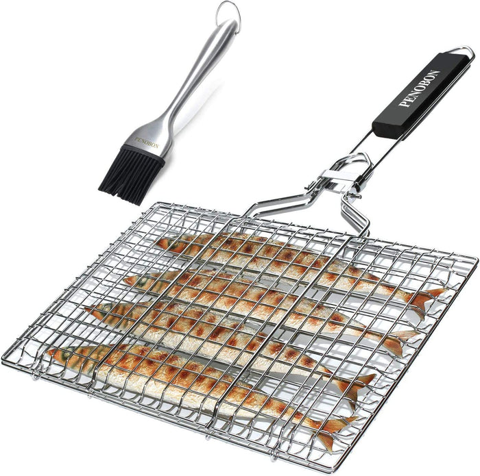 Folding Fish Grilling Basket with Brush & Storage Bag